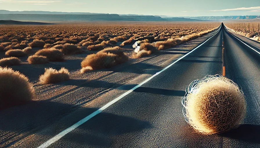 果てしなく広がる砂漠を背景に道路を転がるリアルなタンブルウィード。奥行きのある乾燥地帯の風景が広がる。
