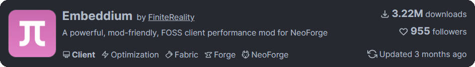 MinecraftのMOD「Embeddium」の情報バナー。NeoForge対応で、3.22Mダウンロードを達成したクライアントパフォーマンス向上MOD。
