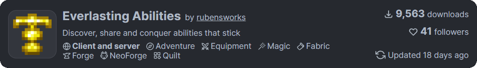 Everlasting Abilitiesの概要画面。クライアントとサーバー用のModで、アビリティの取得や共有が可能。ダウンロード数は9,563。  
