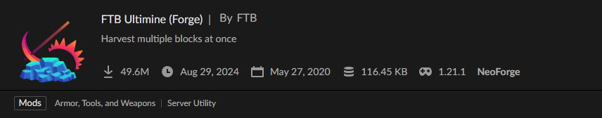 Minecraft MOD「FTB Ultimine」の情報バナー。49.6Mダウンロードを記録し、一度に複数のブロックを採掘可能な便利機能を提供。
