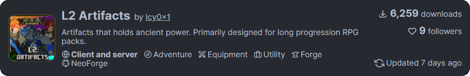 L2 Artifactsの概要画面。古代の力を持つアーティファクトを特徴とするRPG向けMod。ダウンロード数は6,259で、7日前に更新。  

