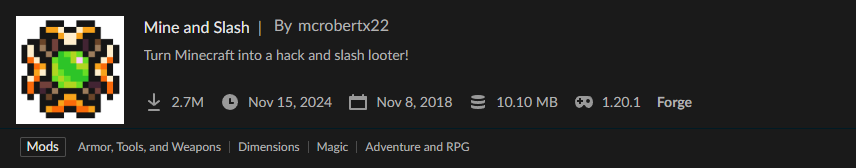 MinecraftのMOD「Mine and Slash」の情報バナー。ハックアンドスラッシュ型ルーターゲームに変換するMODで、2.7Mダウンロード達成。
