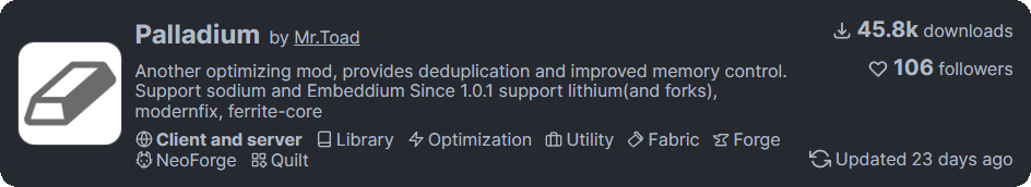 Palladiumの概要画面。メモリ最適化や重複排除を提供するクライアント・サーバー用Mod。ダウンロード数は45.8kで、23日前に更新。  
